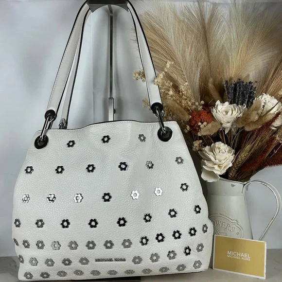 Michael Kors Raven White Silver Floral Flower Stud Shoulder Hand Bag Leather - Picture 2 of 15